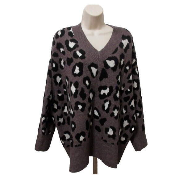 A New Day Sweater Plus Size 3X Purple Leopard Print V-Neck Knit Top Long Sleeves - Picture 2 of 10